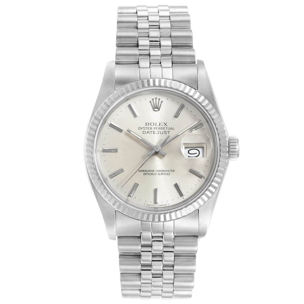 The image shows a Rolex Vintage Collection 16014 Men's Stainless Steel Silver Dial 16014 Men's Stainless Steel Silver Dial Datejust watch from a straight-on angle, highlighting the dial, case, and bracelet.