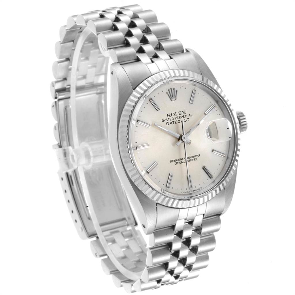 The Rolex Vintage Collection 16014 Men's Stainless Steel Silver Dial 16014 Men's Stainless Steel Silver Dial Oyster Perpetual Datejust is shown at a three-quarter angle, showcasing its face, bezel, and bracelet.
