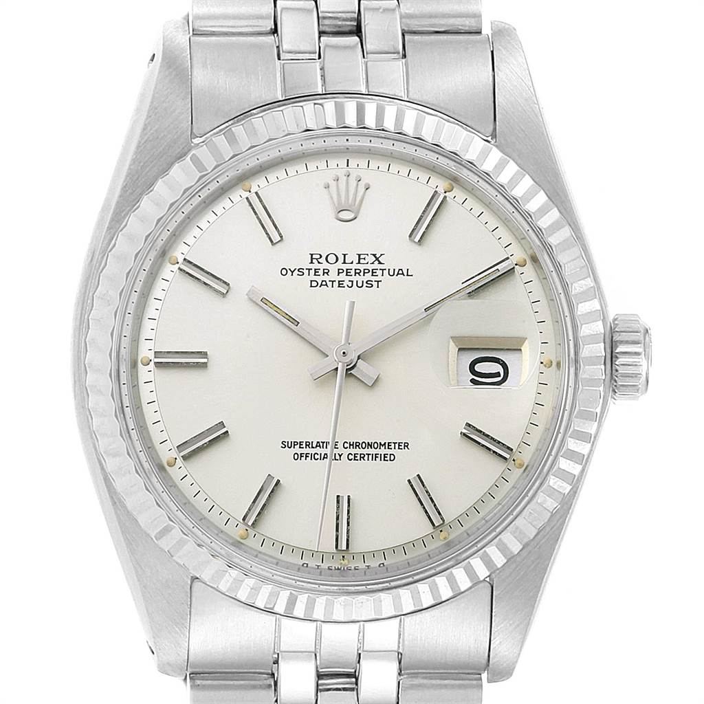 The image shows a front view of the Rolex Vintage Collection 1601 Men's Stainless Steel Silver Dial 1601 Men's Stainless Steel Silver Dial Oyster Perpetual Datejust, highlighting the dial and bracelet.