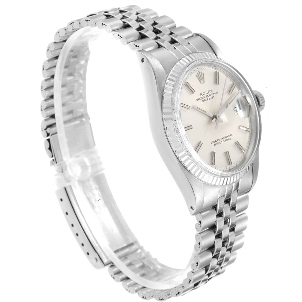 This image shows a side angle of the Rolex Vintage Collection 1601 Men's Stainless Steel Silver Dial 1601 Men's Stainless Steel Silver Dial watch, highlighting its dial and metal bracelet.