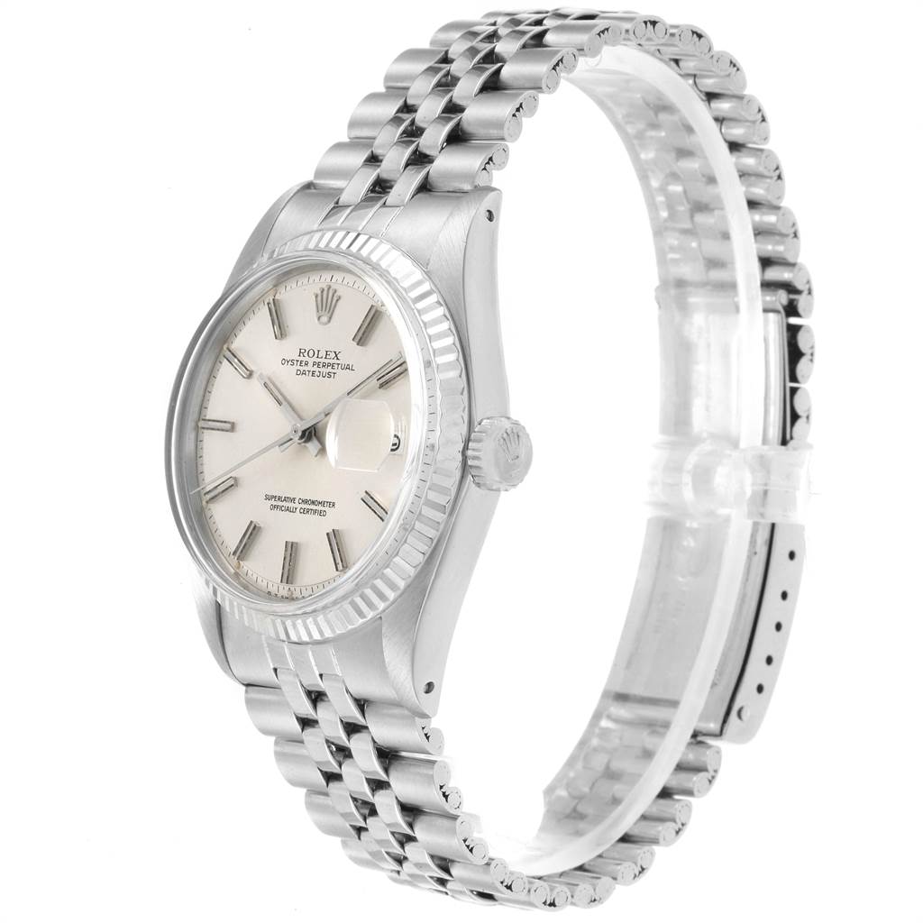 This image shows a Rolex Vintage Collection 1601 Men's Stainless Steel Silver Dial 1601 Men's Stainless Steel Silver Dial model watch at a three-quarter angle, displaying the face, bezel, crown, and bracelet.