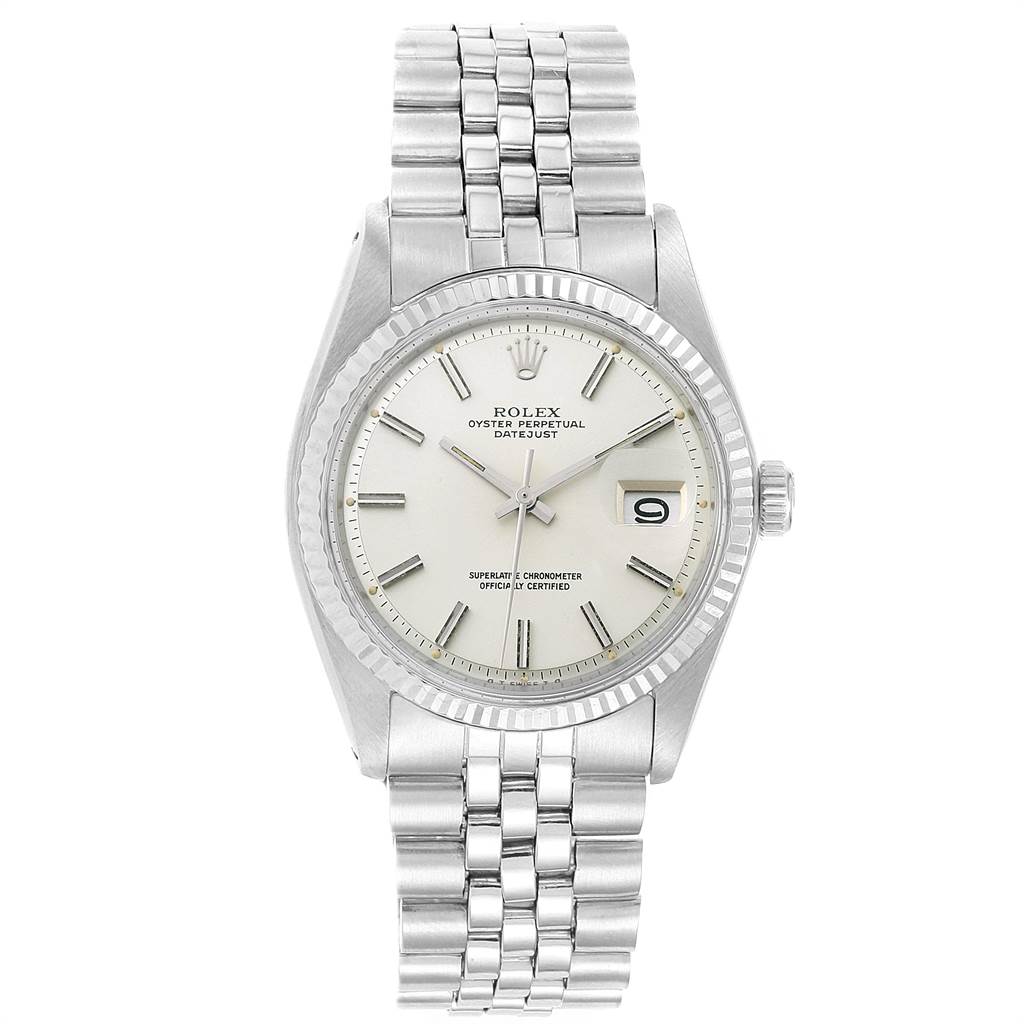 The image shows a Rolex Vintage Collection 1601 Men's Stainless Steel Silver Dial 1601 Men's Stainless Steel Silver Dial Oyster Perpetual Datejust watch from a front angle, highlighting its dial, hands, bracelet, and date window.