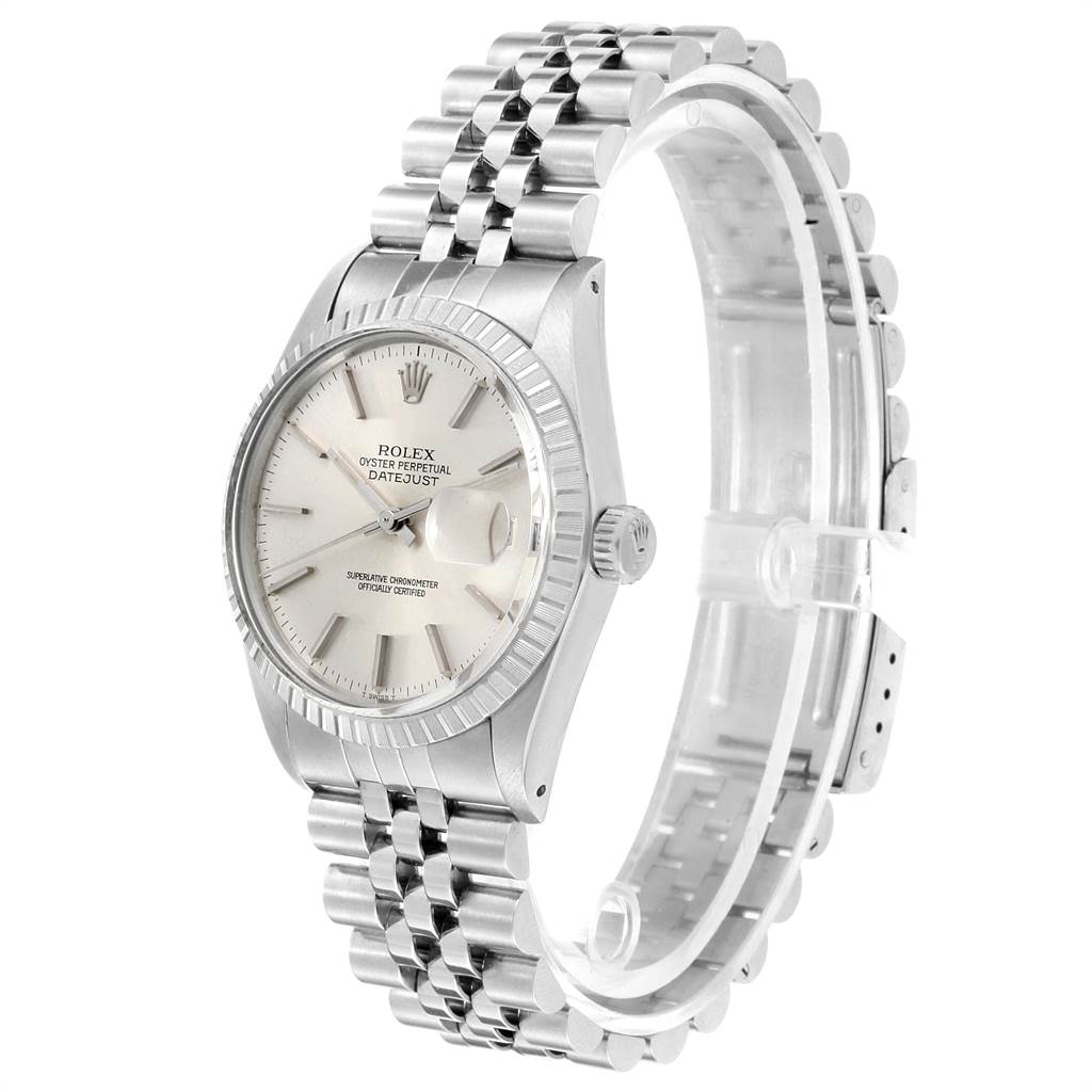 The image shows a side view of a Rolex Vintage Collection 16030 Men's Stainless Steel Silver Dial 16030 Men's Stainless Steel Silver Dial Oyster Perpetual Datejust watch, highlighting the face, case, and bracelet.