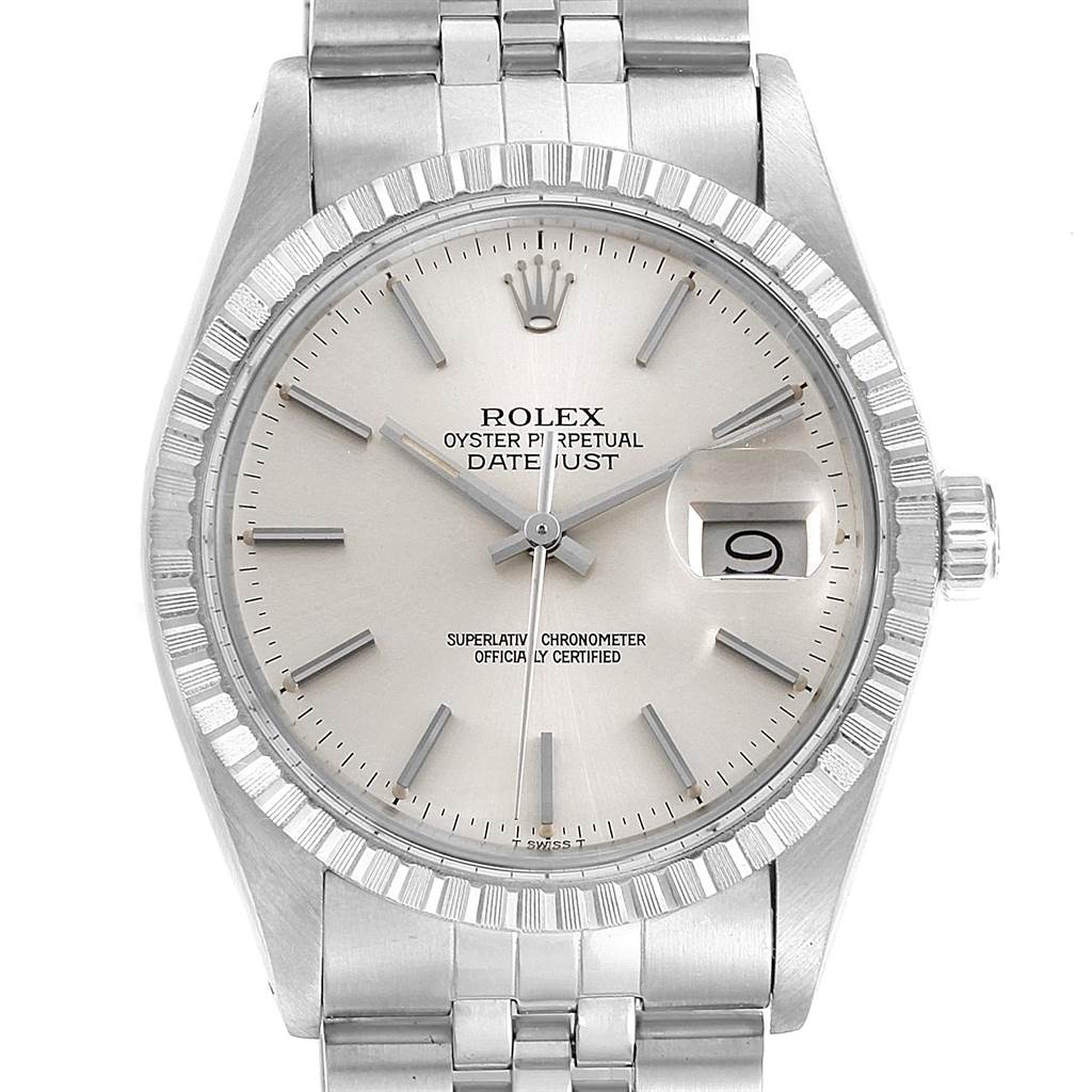 The image shows a Rolex Vintage Collection 16030 Men's Stainless Steel Silver Dial 16030 Men's Stainless Steel Silver Dial Datejust watch, focused on the dial, bezel, and part of the bracelet from a front angle.
