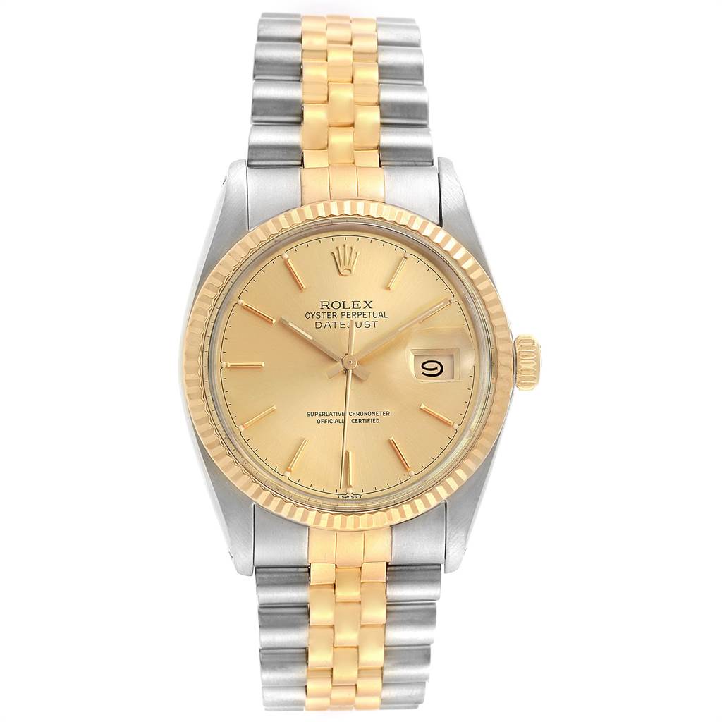 This image shows a frontal view of the Rolex Vintage Collection 16013 Men's Stainless Steel Champagne Dial 16013 Men's Stainless Steel Champagne Dial Datejust watch, featuring its two-tone bracelet and gold face.