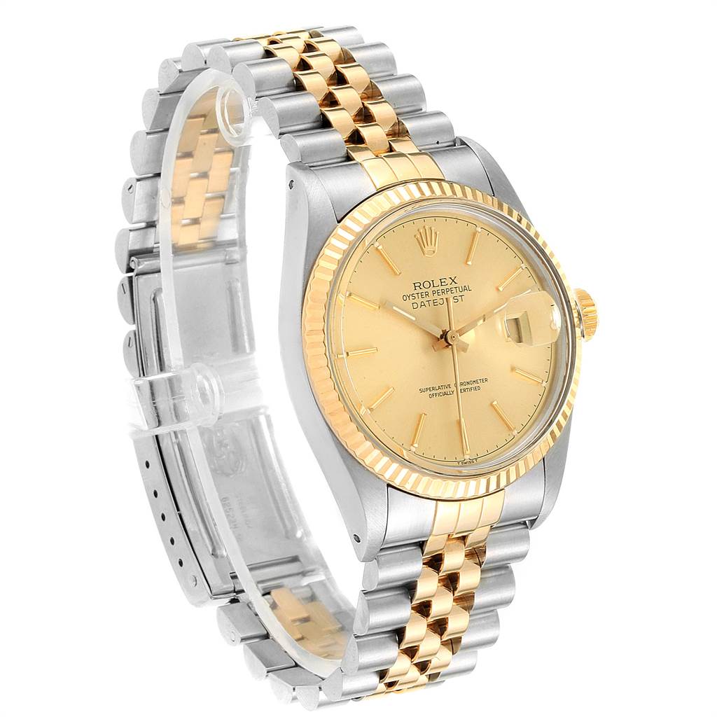 The Rolex Vintage Collection 16013 Men's Stainless Steel Champagne Dial 16013 Men's Stainless Steel Champagne Dial watch is shown at a front angle, highlighting its two-tone metal band, round case, and golden dial.