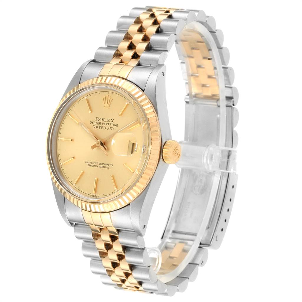 This image shows a Rolex Vintage Collection 16013 Men's Stainless Steel Champagne Dial 16013 Men's Stainless Steel Champagne Dial Datejust watch angled from the front-left, highlighting the face, bezel, and bracelet.