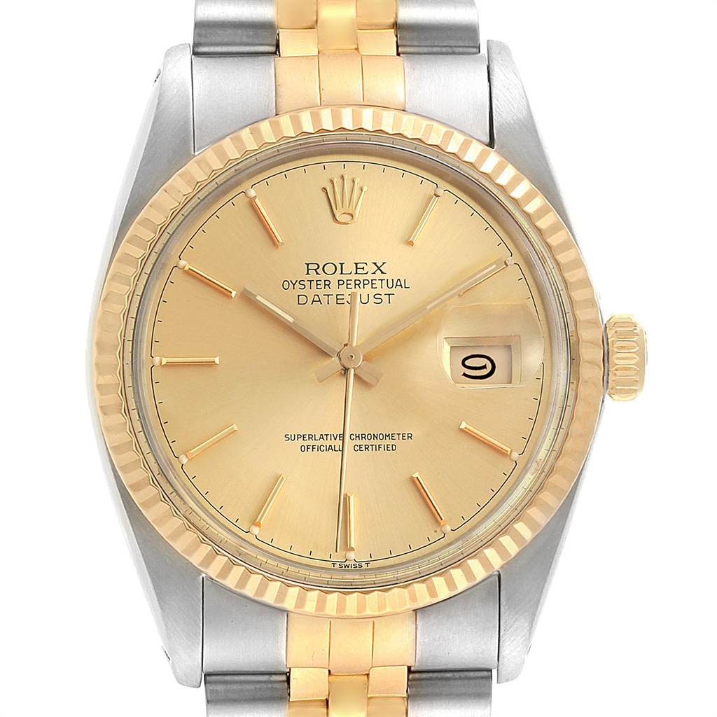 This image shows a full-frontal view of a Rolex Vintage Collection 16013 Men's Stainless Steel Champagne Dial 16013 Men's Stainless Steel Champagne Dial Oyster Perpetual Datejust watch, highlighting the dial, bezel, and bracelet.
