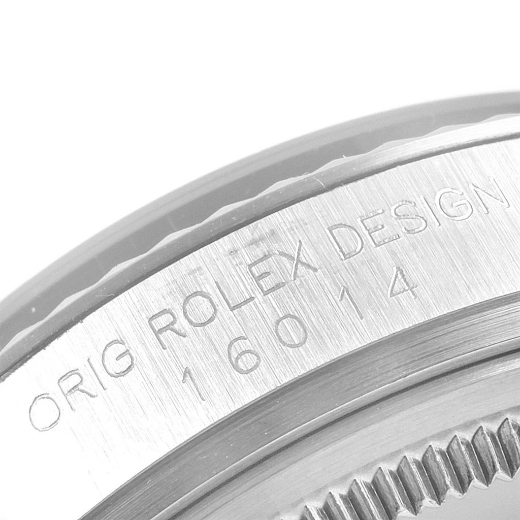 This close-up image shows the side view and model engraving of the Rolex Vintage Collection 16014 Men's Stainless Steel Silver Dial 16014 Men's Stainless Steel Silver Dial watch.