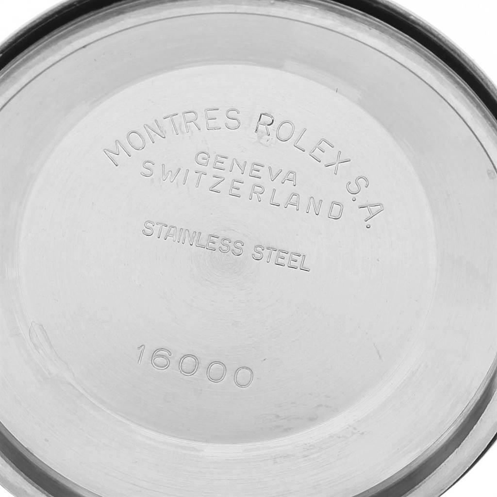 The image shows the stainless steel case back of a Rolex Vintage Collection 16014 Men's Stainless Steel Silver Dial 16014 Men's Stainless Steel Silver Dial watch, featuring engraved branding and model number (16000).