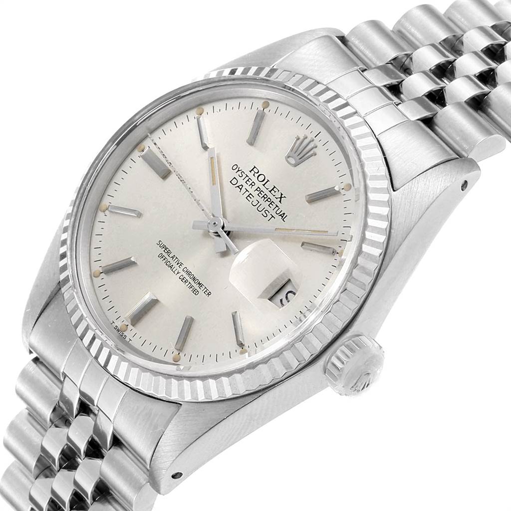 The image shows a Rolex Vintage Collection 16014 Men's Stainless Steel Silver Dial 16014 Men's Stainless Steel Silver Dial watch from an angled side view, highlighting the dial, bezel, crown, and bracelet.