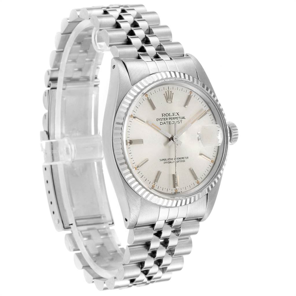 The image shows a Rolex Vintage Collection 16014 Men's Stainless Steel Silver Dial 16014 Men's Stainless Steel Silver Dial Datejust model from an angled side view displaying its face, case, and bracelet.