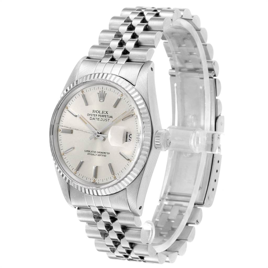 The image shows a Rolex Vintage Collection 16014 Men's Stainless Steel Silver Dial 16014 Men's Stainless Steel Silver Dial Datejust watch with a silver dial and stainless steel bracelet, displayed at a three-quarter angle.