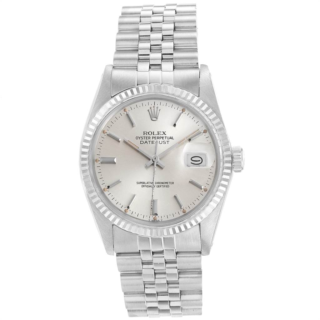 This image shows the Rolex Vintage Collection 16014 Men's Stainless Steel Silver Dial 16014 Men's Stainless Steel Silver Dial Datejust watch from a front view, highlighting its dial, bezel, and bracelet.