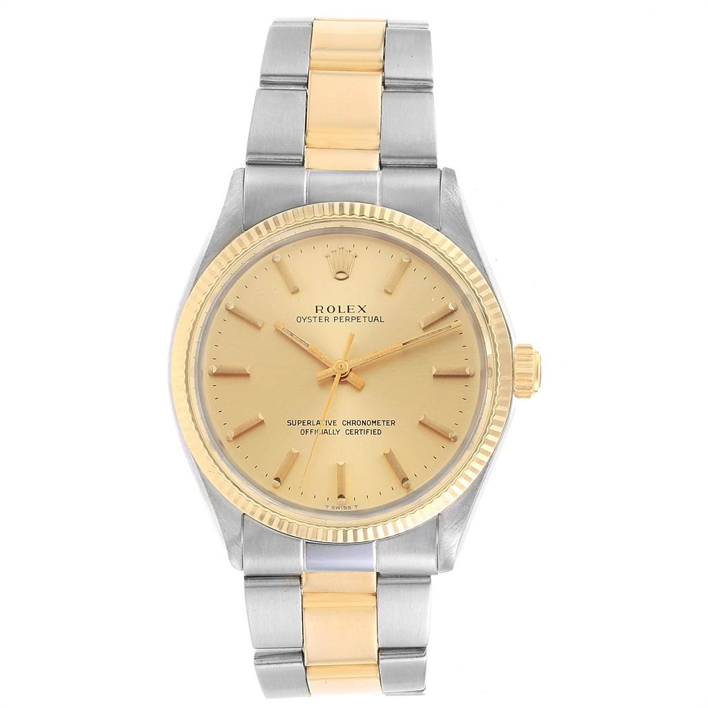 The Rolex Vintage Collection 1005 Men
s Steel and Gold (two tone) Champagne Dial 1005 Men
s Steel and Gold (two tone) Champagne Dial watch is shown from a front angle, displaying its gold and silver band, and gold dial.