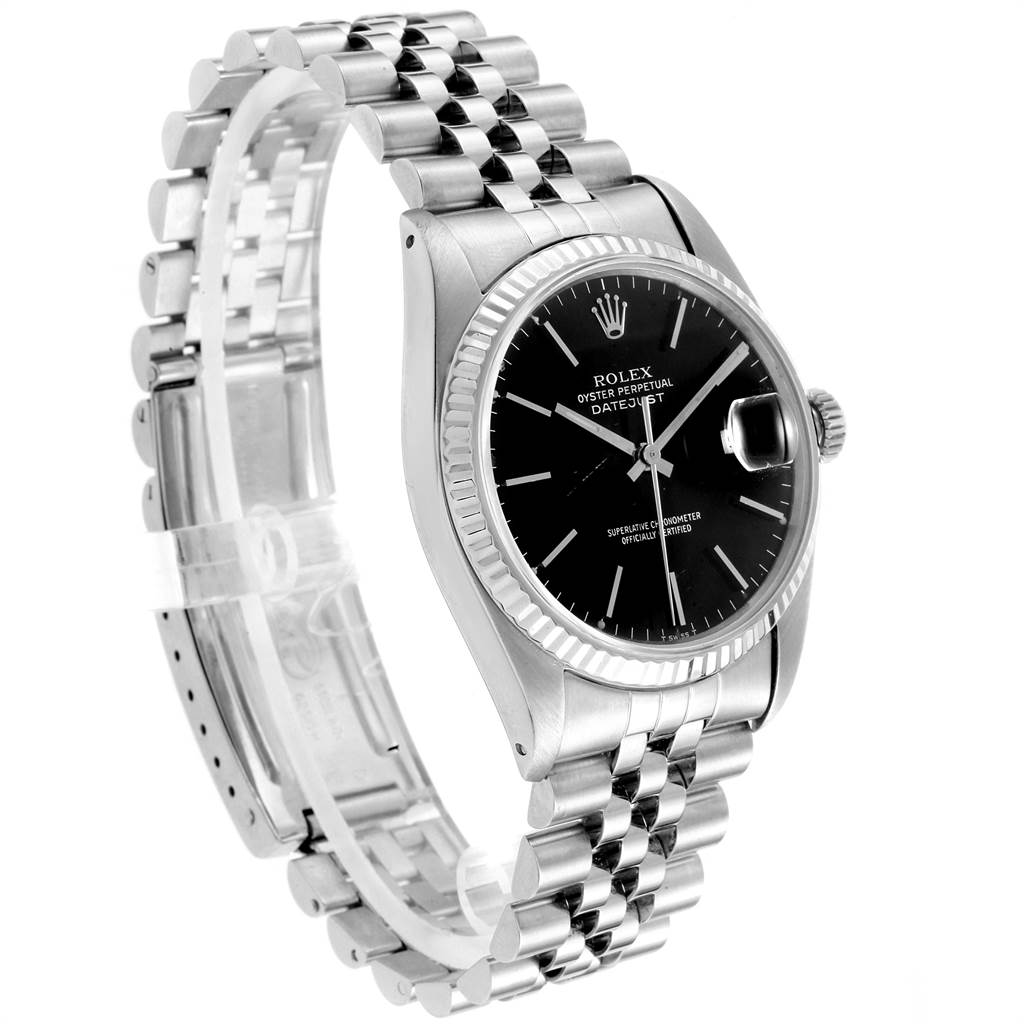 This image shows a side angle of the Rolex Vintage Collection 16014 Men's Stainless Steel Black Dial 16014 Men's Stainless Steel Black Dial model, displaying its black dial, fluted bezel, and Jubilee bracelet.