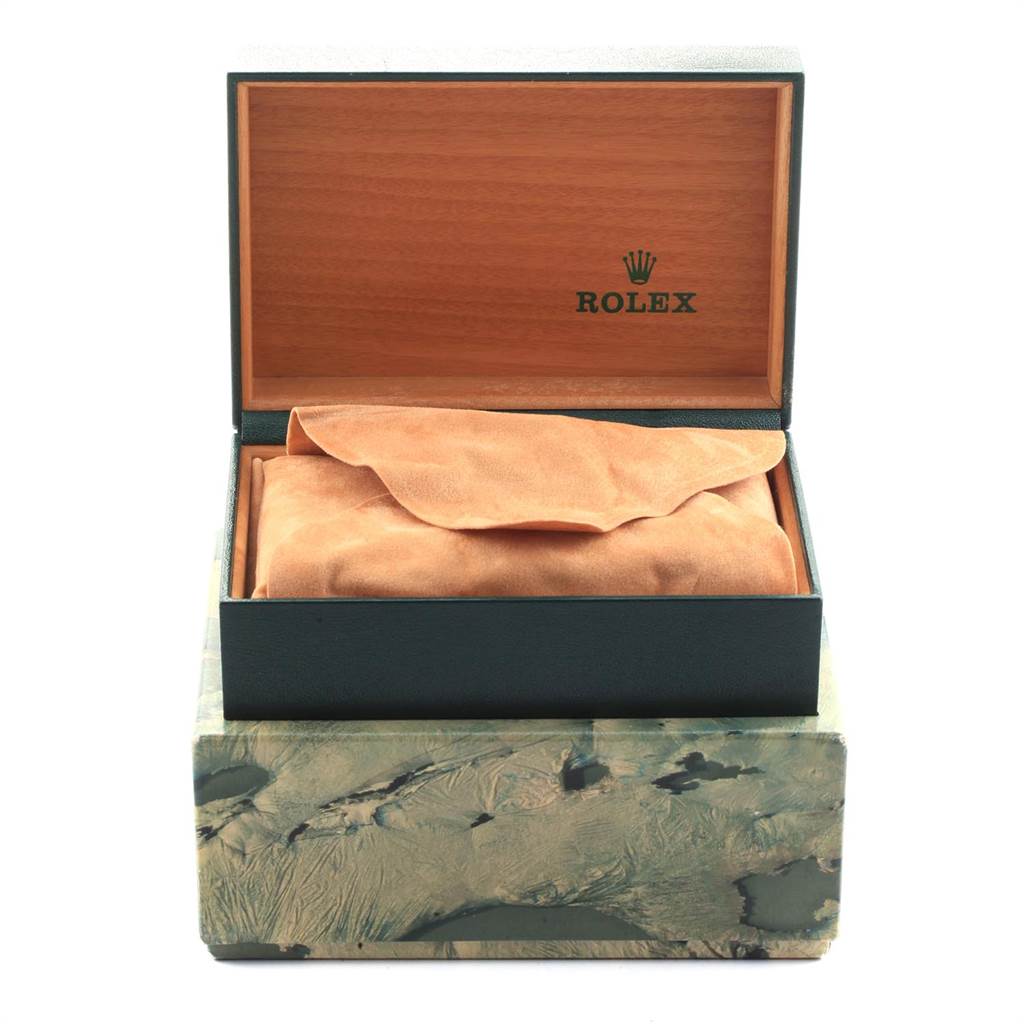 The image shows an open Rolex Vintage Collection 16014 Men's Stainless Steel Black Dial 16014 Men's Stainless Steel Black Dial watch box with a cushion inside, viewed from the front.