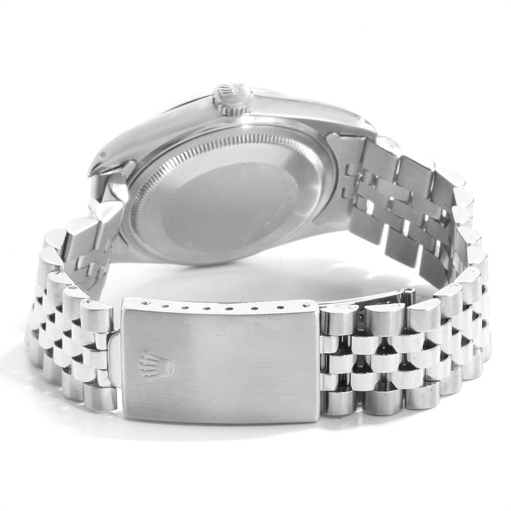 The image shows the back view of a Rolex Vintage Collection 16014 Men's Stainless Steel Black Dial 16014 Men's Stainless Steel Black Dial model, featuring its case back and metal bracelet with the clasp visible.