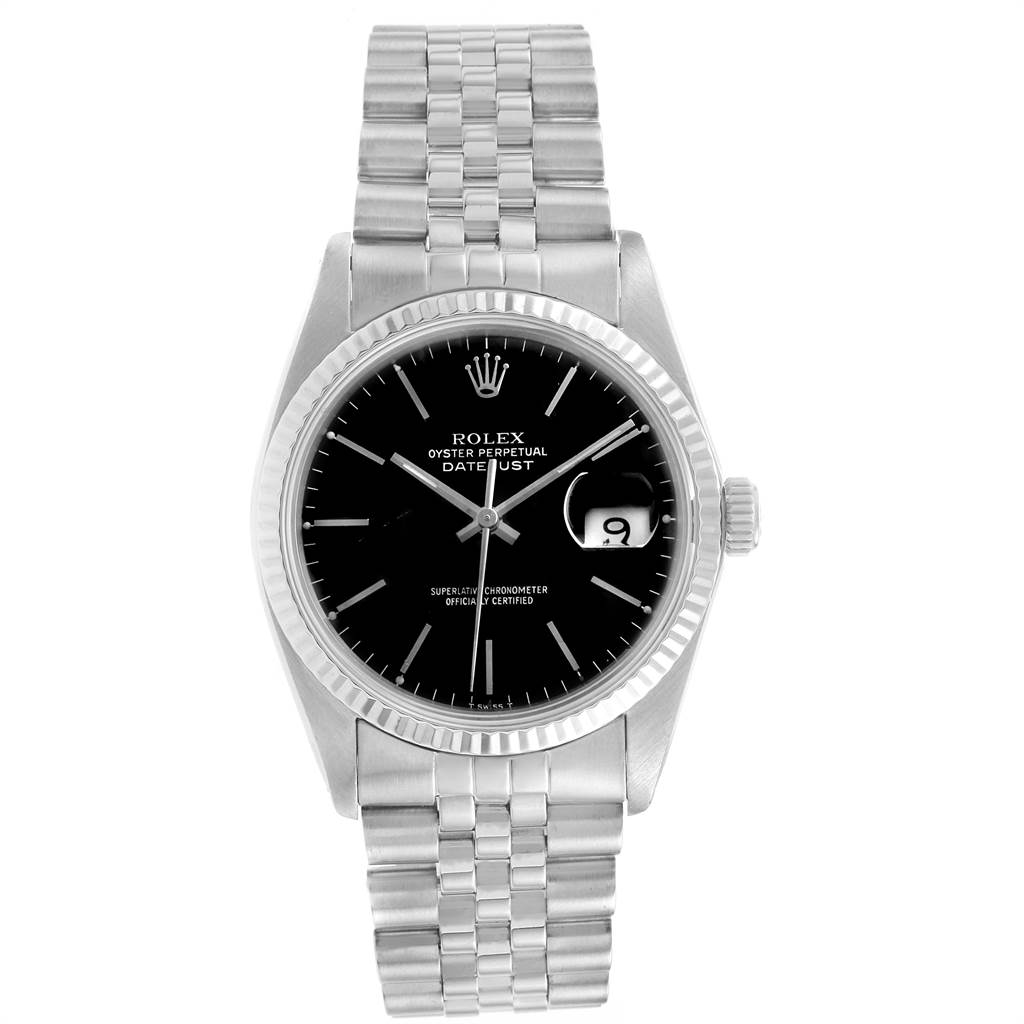 The image shows a front view of the Rolex Vintage Collection 16014 Men's Stainless Steel Black Dial 16014 Men's Stainless Steel Black Dial Oyster Perpetual Datejust watch with its stainless steel bracelet and black dial.