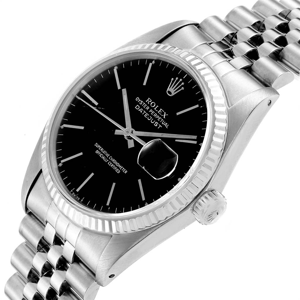 The Rolex Vintage Collection 16014 Men's Stainless Steel Black Dial 16014 Men's Stainless Steel Black Dial watch is shown at an angled close-up, highlighting the face, crown, bezel, and part of the bracelet.