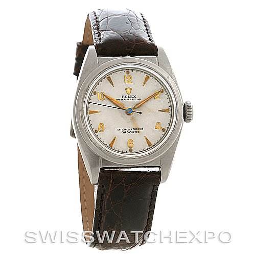 This Rolex Vintage Collection 6050 Stainless Steel Silver Dial 6050 Stainless Steel Silver Dial model is shown at a slight top-side angle, displaying the watch face, bezel, and leather strap.