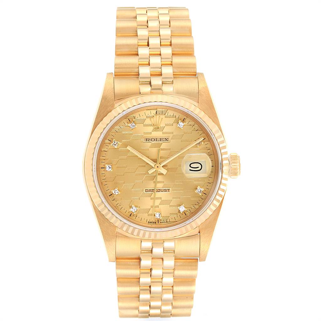 The image shows a front view of the Rolex Vintage Collection 16018 Men
s Yellow Gold Champagne Dial 16018 Men
s Yellow Gold Champagne Dial watch, displaying the dial, date, and bracelet.