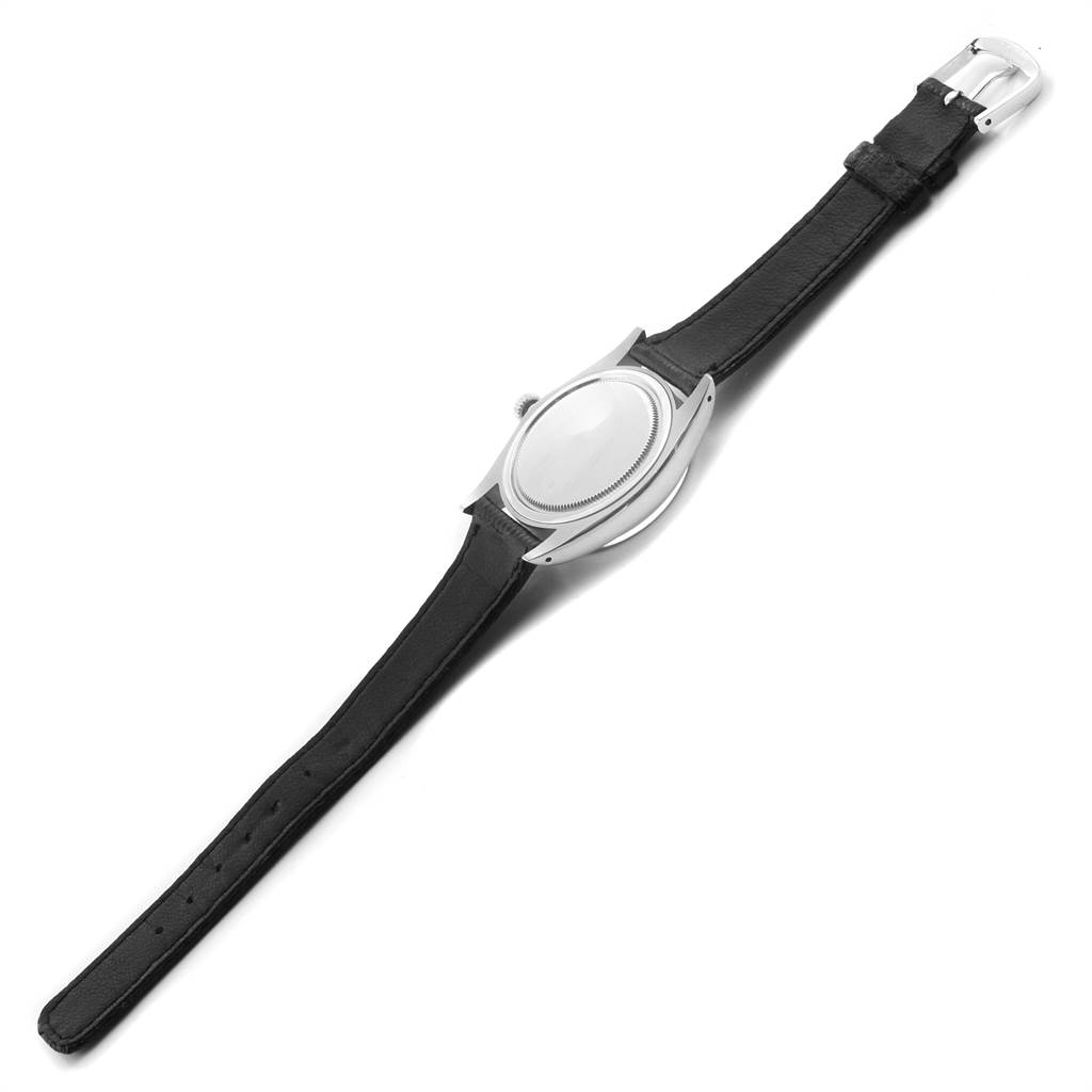 The image shows the back of the Rolex Vintage Collection 6694 Men's Stainless Steel Black Dial 6694 Men's Stainless Steel Black Dial watch, displaying the caseback and leather strap.