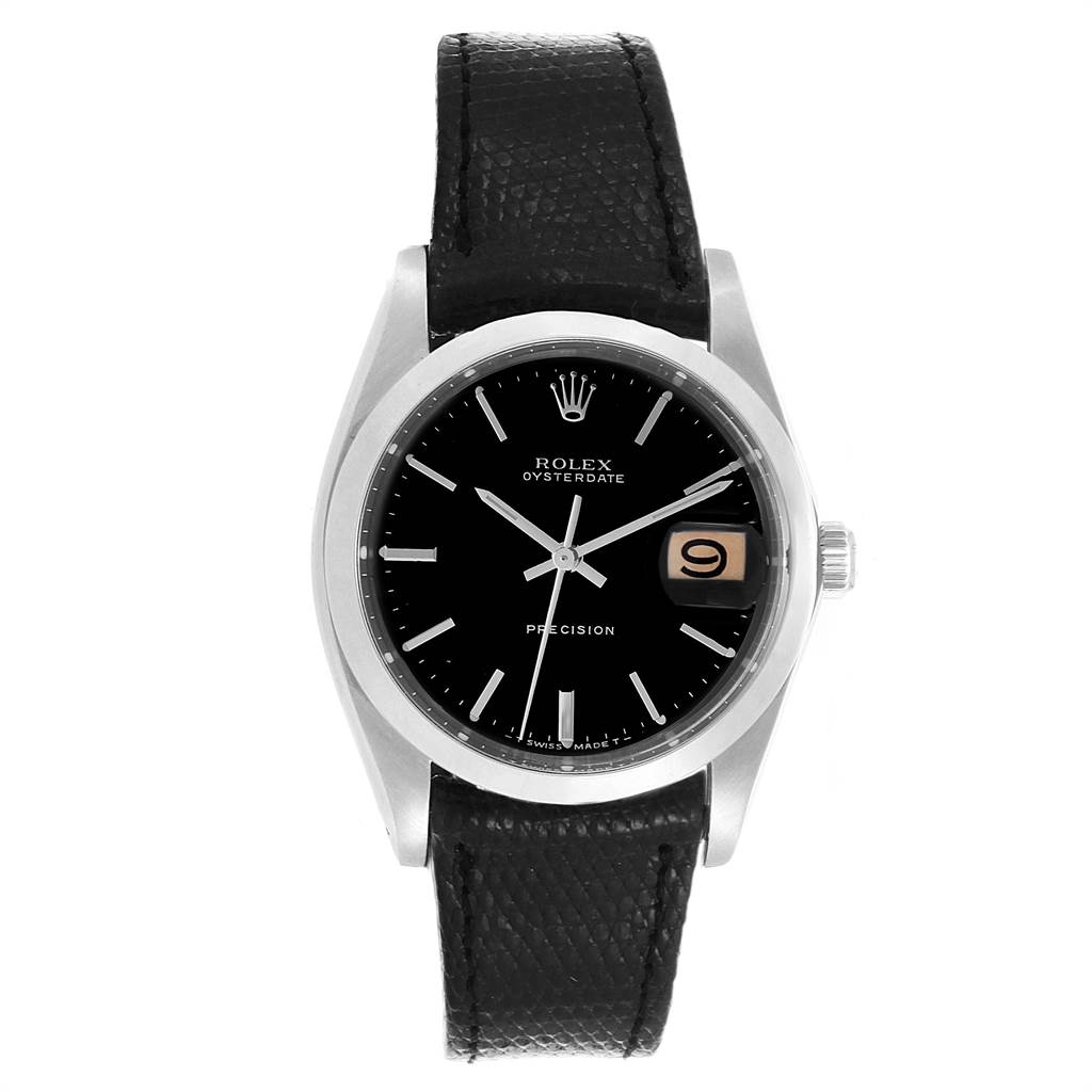 The image shows the front view of a Vintage Collection Rolex Oysterdate watch, highlighting the dial, hands, date window, and leather strap.