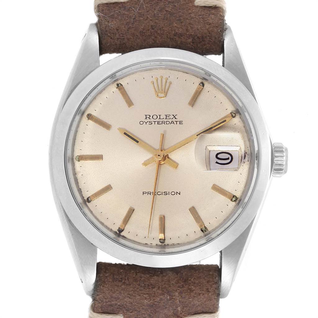 This image shows a front view of the Rolex Vintage Collection 6694 Men's Stainless Steel Silver Dial 6694 Men's Stainless Steel Silver Dial watch with its dial, hands, crown, and date display clearly visible.