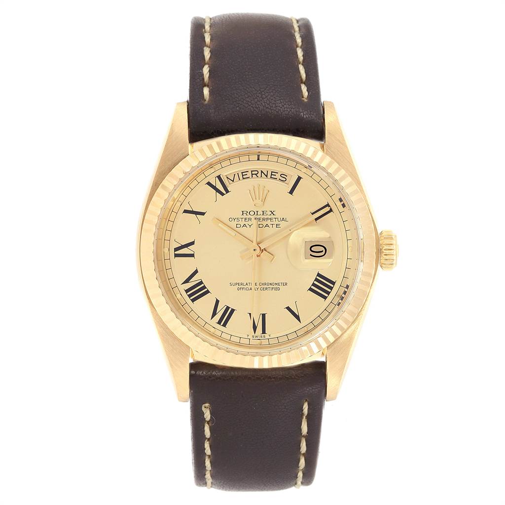 The Rolex Vintage Collection 1803 Men
s Yellow Gold Champagne Dial 1803 Men
s Yellow Gold Champagne Dial model is shown from a straight-on angle, displaying the face, bezel, crown, and leather strap.