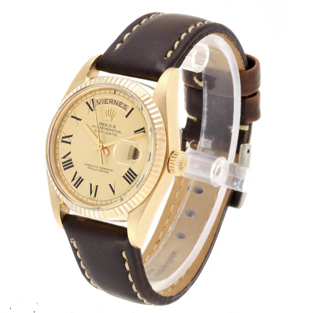 The Rolex Vintage Collection 1803 Men
s Yellow Gold Champagne Dial 1803 Men
s Yellow Gold Champagne Dial model watch is shown at a three-quarter angle, highlighting the dial, crown, and leather strap.