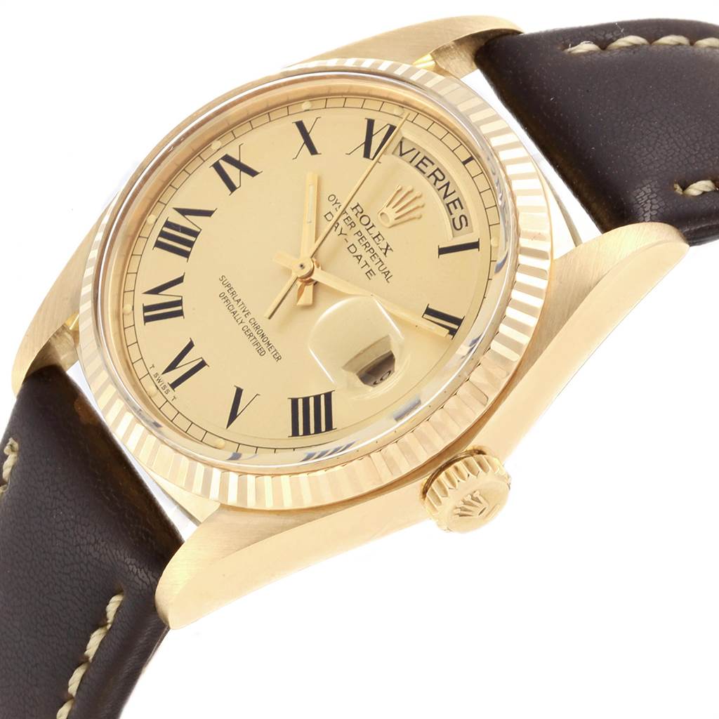 The Rolex Vintage Collection 1803 Men
s Yellow Gold Champagne Dial 1803 Men
s Yellow Gold Champagne Dial watch is shown at a slight angle, displaying its face, crown, case, and part of the strap.