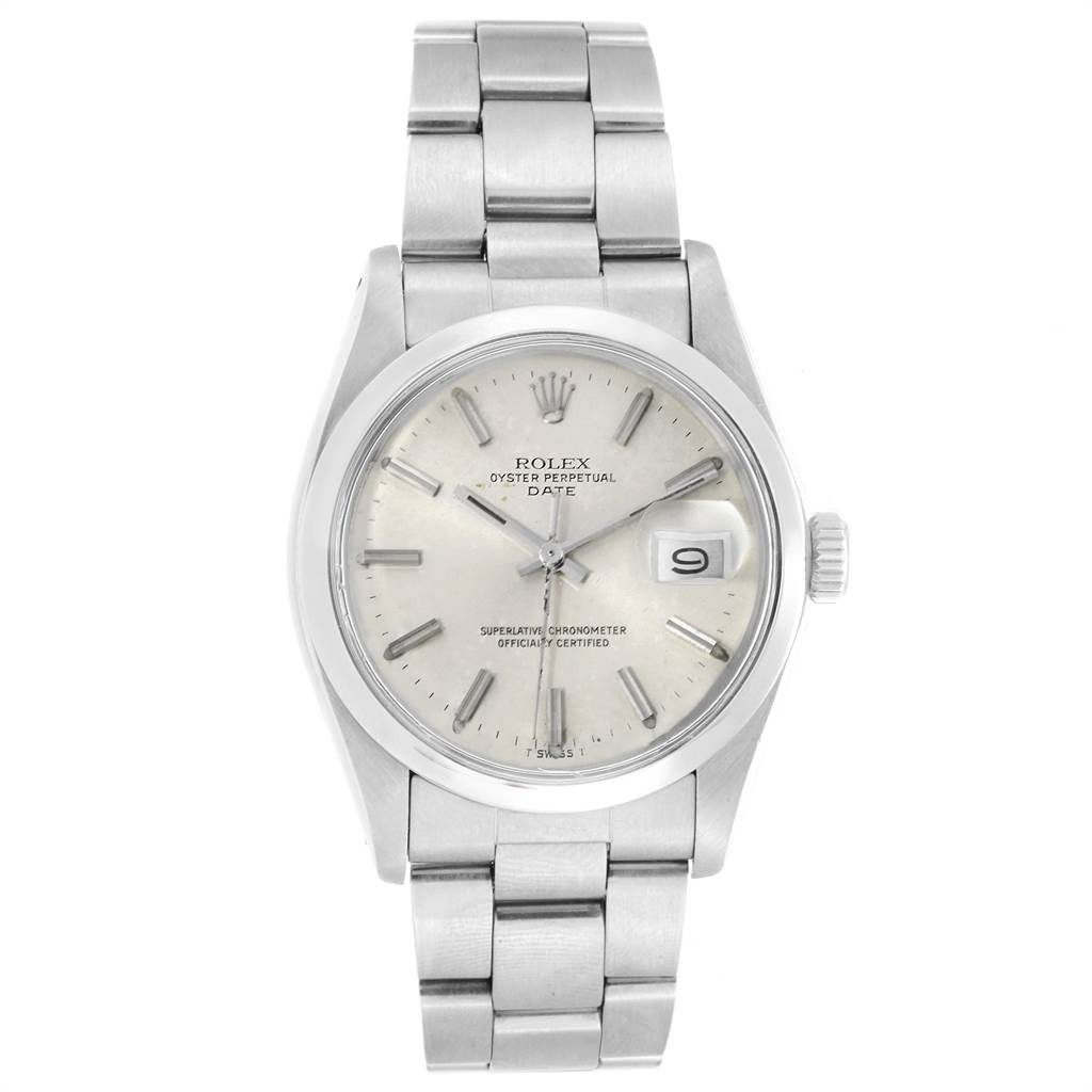This is a front view of a Rolex Vintage Collection 1500 Men's Stainless Steel Silver Dial 1500 Men's Stainless Steel Silver Dial watch, showing the dial, bracelet, crown, and date window.