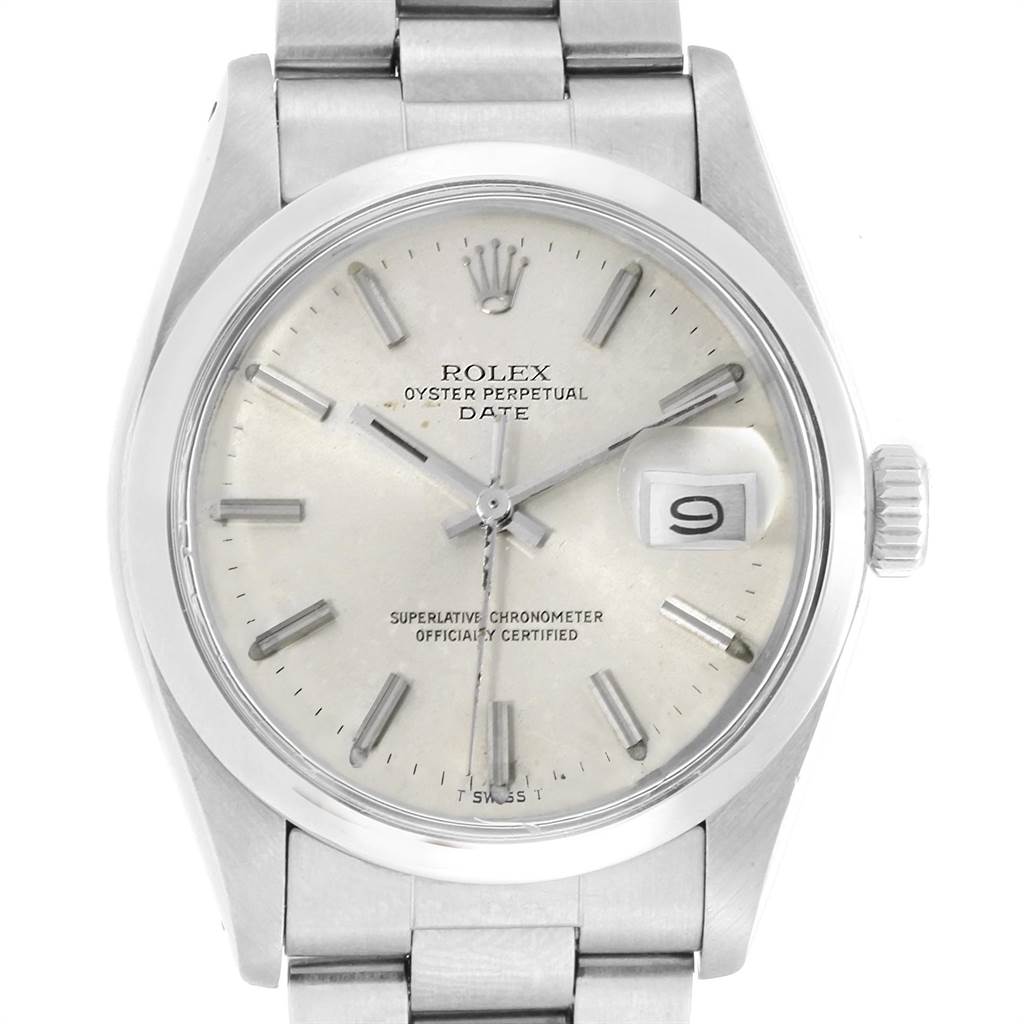 The image shows a close-up, front view of a Rolex Vintage Collection 1500 Men's Stainless Steel Silver Dial 1500 Men's Stainless Steel Silver Dial Oyster Perpetual Date watch, highlighting the dial and bracelet.