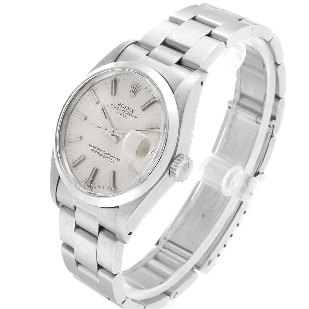 The watch is shown at an angled view highlighting the face, case, crown, and bracelet of the Rolex Vintage Collection 1500 Men's Stainless Steel Silver Dial 1500 Men's Stainless Steel Silver Dial model.