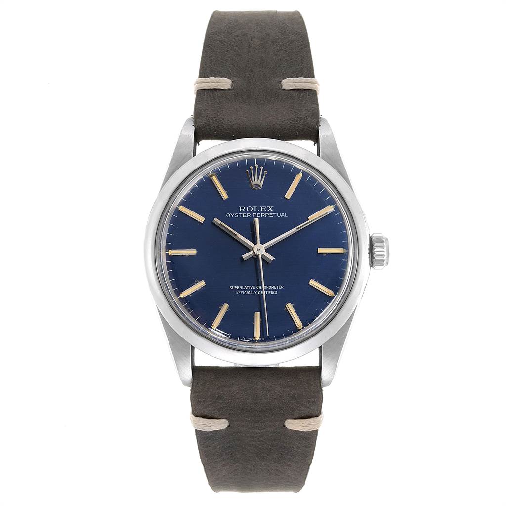 The image shows a frontal view of a Rolex Vintage Collection 1002 Men's Stainless Steel Blue Dial 1002 Men's Stainless Steel Blue Dial model watch with a blue dial and a dark leather strap.