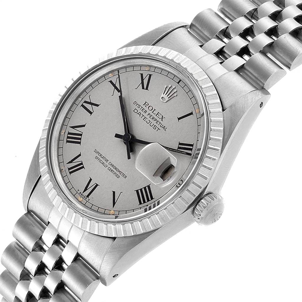 This Rolex Vintage Collection 16030 Men's Stainless Steel Grey Dial 16030 Men's Stainless Steel Grey Dial model watch is shown from an angled view, highlighting the dial, bezel, crown, and part of the bracelet.
