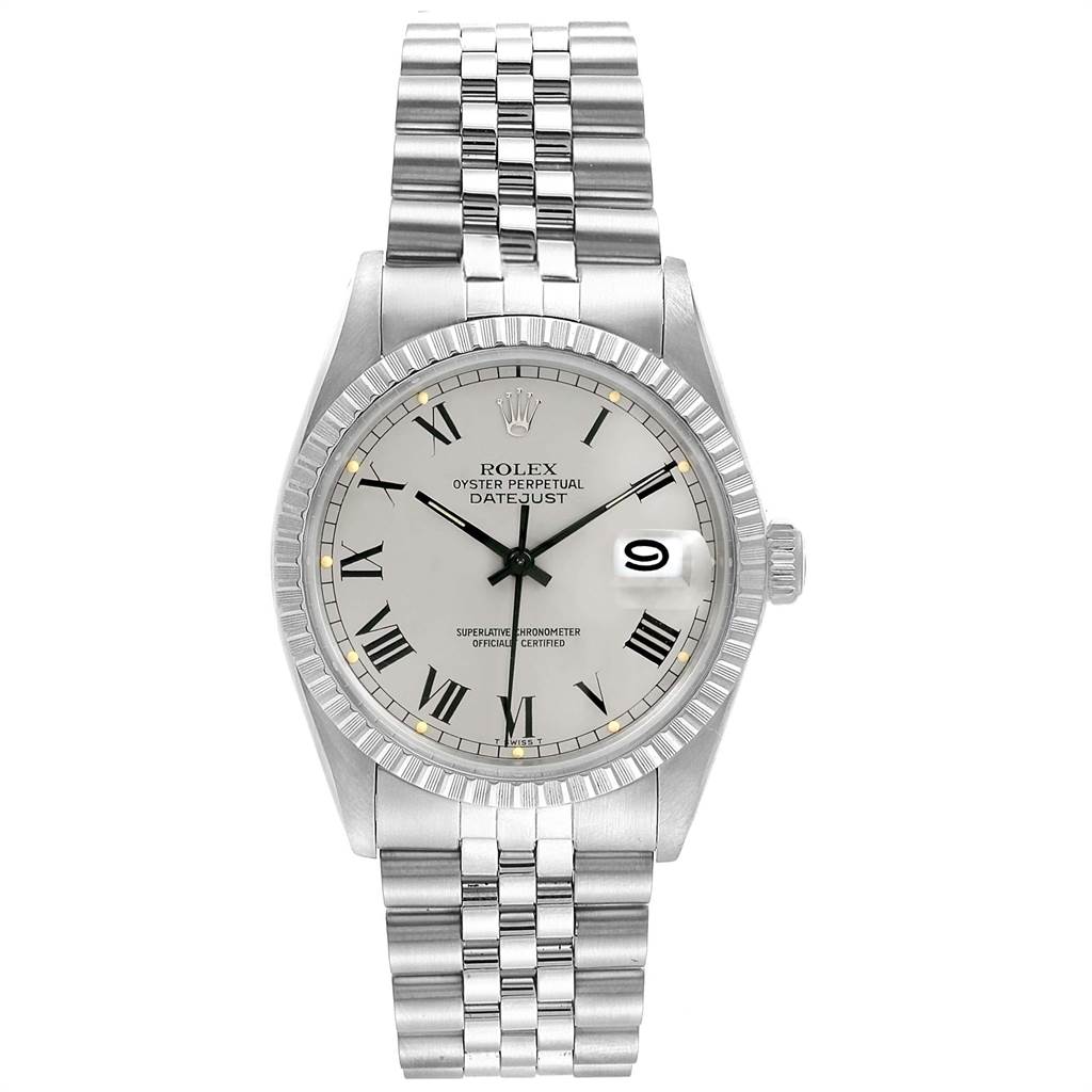 The image shows a front view of a Rolex Vintage Collection 16030 Men's Stainless Steel Grey Dial 16030 Men's Stainless Steel Grey Dial Oyster Perpetual Datejust watch, displaying its dial, bezel, and bracelet.