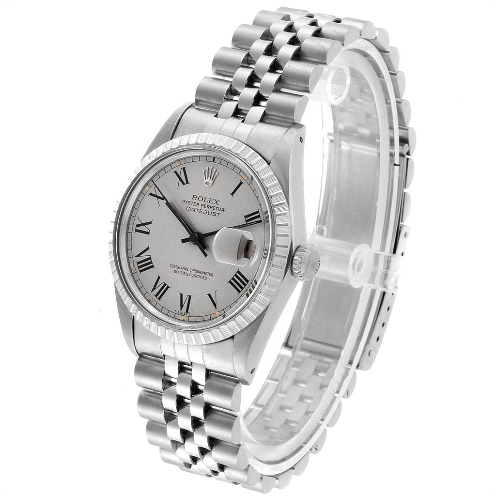 The image shows a Rolex Vintage Collection 16030 Men's Stainless Steel Grey Dial 16030 Men's Stainless Steel Grey Dial model watch, highlighting its face, bracelet, and crown from an angled side view.