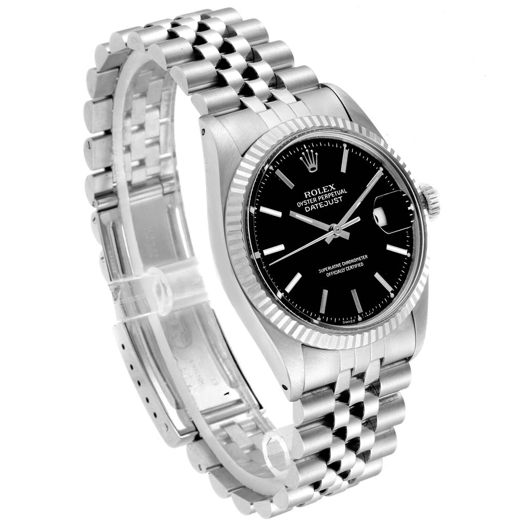 The Rolex Vintage Collection 1601 Men's Stainless Steel Black Dial 1601 Men's Stainless Steel Black Dial model is shown at an angle displaying the face, bezel, crown, and stainless steel bracelet band.