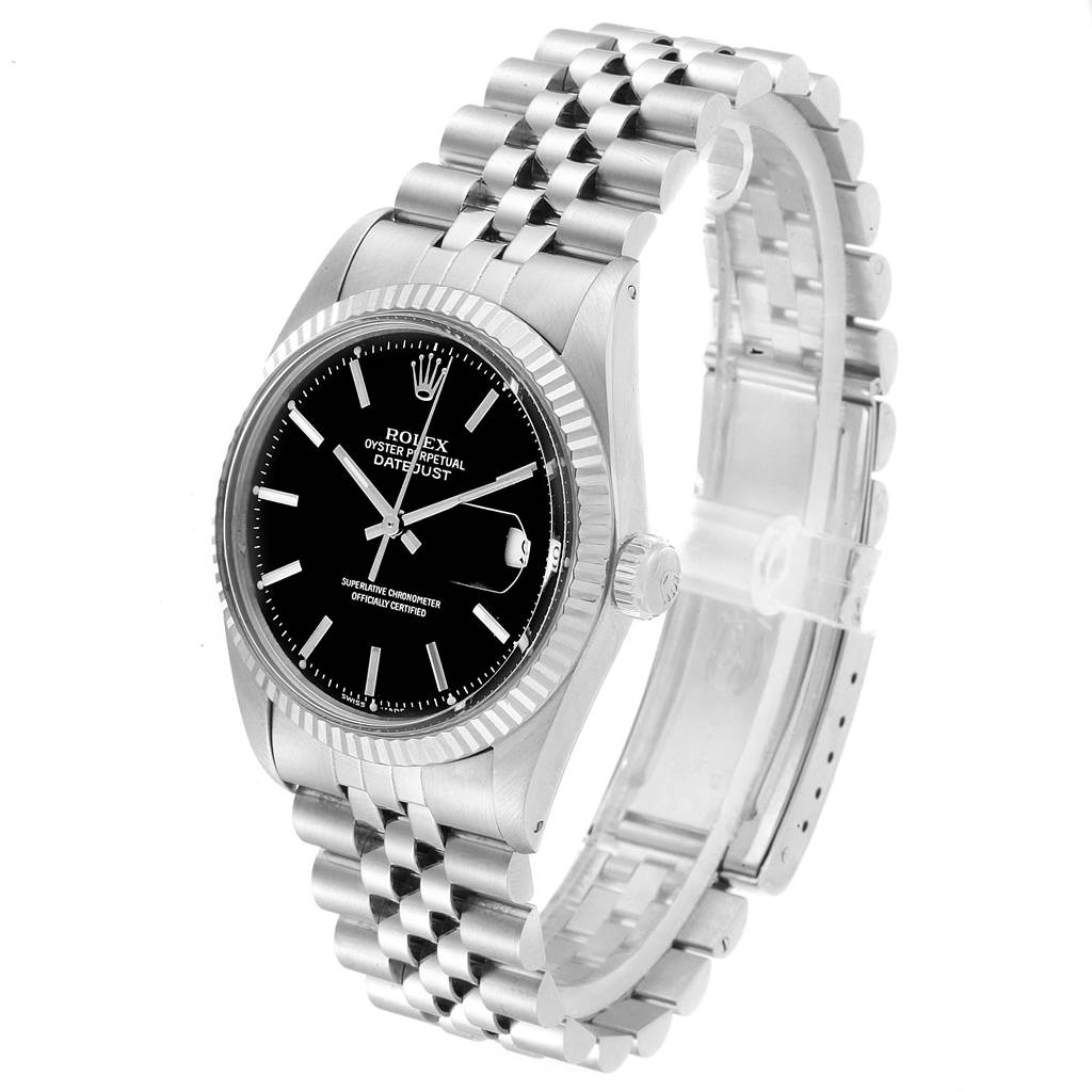 The Rolex Vintage Collection 1601 Men's Stainless Steel Black Dial 1601 Men's Stainless Steel Black Dial watch is shown from an angled side view, displaying its face, bezel, crown, and bracelet.