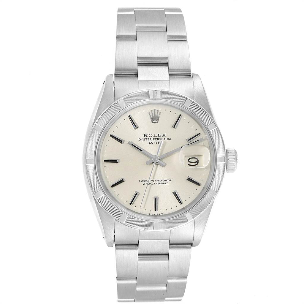 This image shows a frontal view of the Rolex Vintage Collection 1501 Men's Stainless Steel Silver Dial 1501 Men's Stainless Steel Silver Dial watch, featuring the dial, date display, and bracelet.