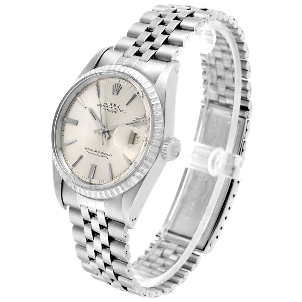 The image shows a Rolex Vintage Collection 1603 Men's Stainless Steel Silver Dial 1603 Men's Stainless Steel Silver Dial watch, angled to display the face, crown, and metal bracelet.