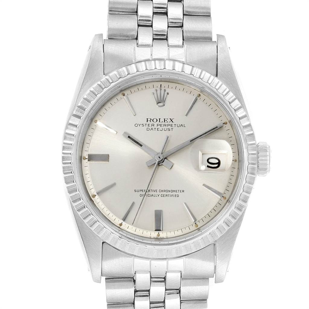 The image shows a frontal view of a Rolex Vintage Collection 1603 Men's Stainless Steel Silver Dial 1603 Men's Stainless Steel Silver Dial Oyster Perpetual Datejust watch, showcasing its dial, bezel, and bracelet.