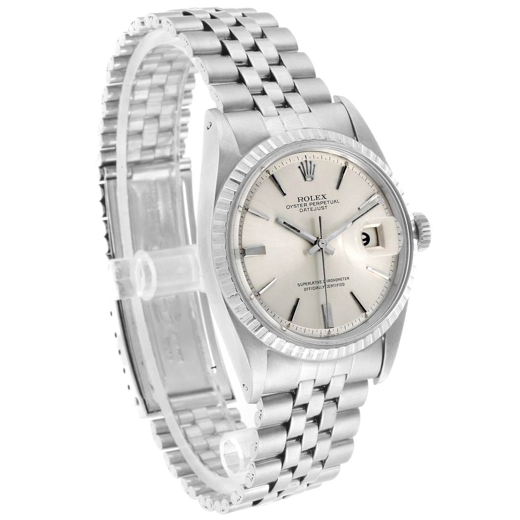 The image shows a Rolex Vintage Collection 1603 Men's Stainless Steel Silver Dial 1603 Men's Stainless Steel Silver Dial model watch from a three-quarter angle, highlighting its face, bezel, and bracelet.