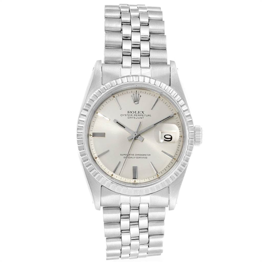The image shows a frontal view of a Rolex Vintage Collection 1603 Men's Stainless Steel Silver Dial 1603 Men's Stainless Steel Silver Dial Oyster Perpetual Datejust watch with a silver dial and jubilee bracelet.