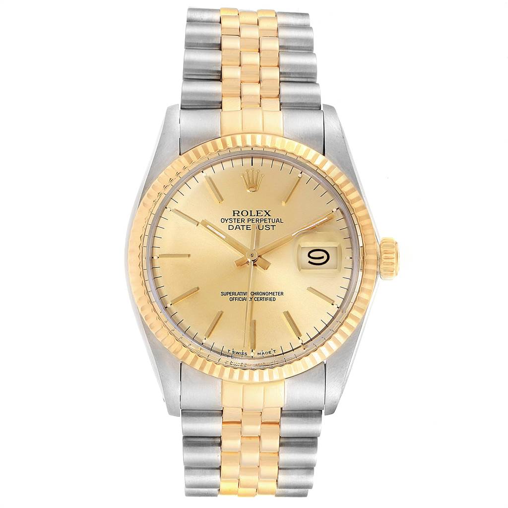The image shows a front view of the Rolex Vintage Collection 16013 Men's Stainless Steel Champagne Dial 16013 Men's Stainless Steel Champagne Dial model watch, highlighting its gold and silver bracelet and date display.
