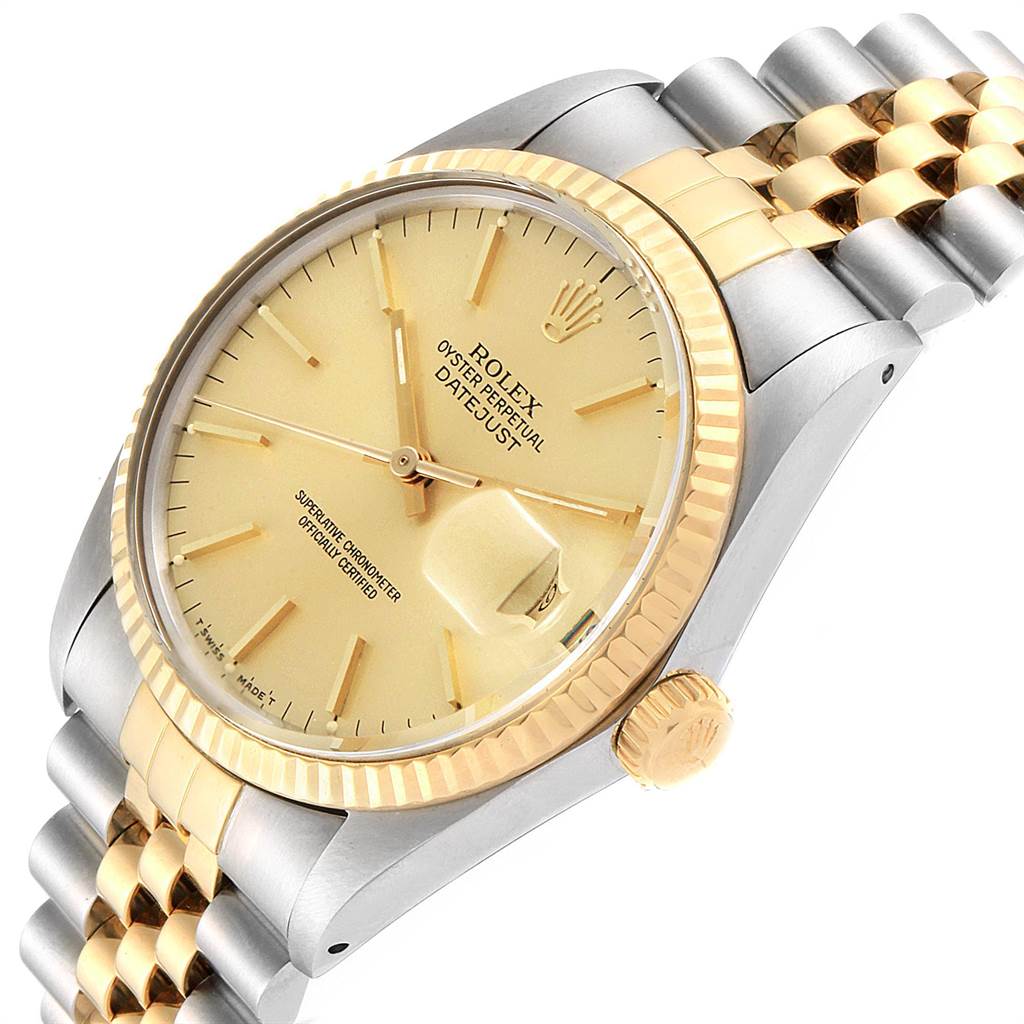 The Rolex Vintage Collection 16013 Men's Stainless Steel Champagne Dial 16013 Men's Stainless Steel Champagne Dial watch model is shown at an angled view, highlighting its gold bezel, dial, hands, crown, and two-tone bracelet.