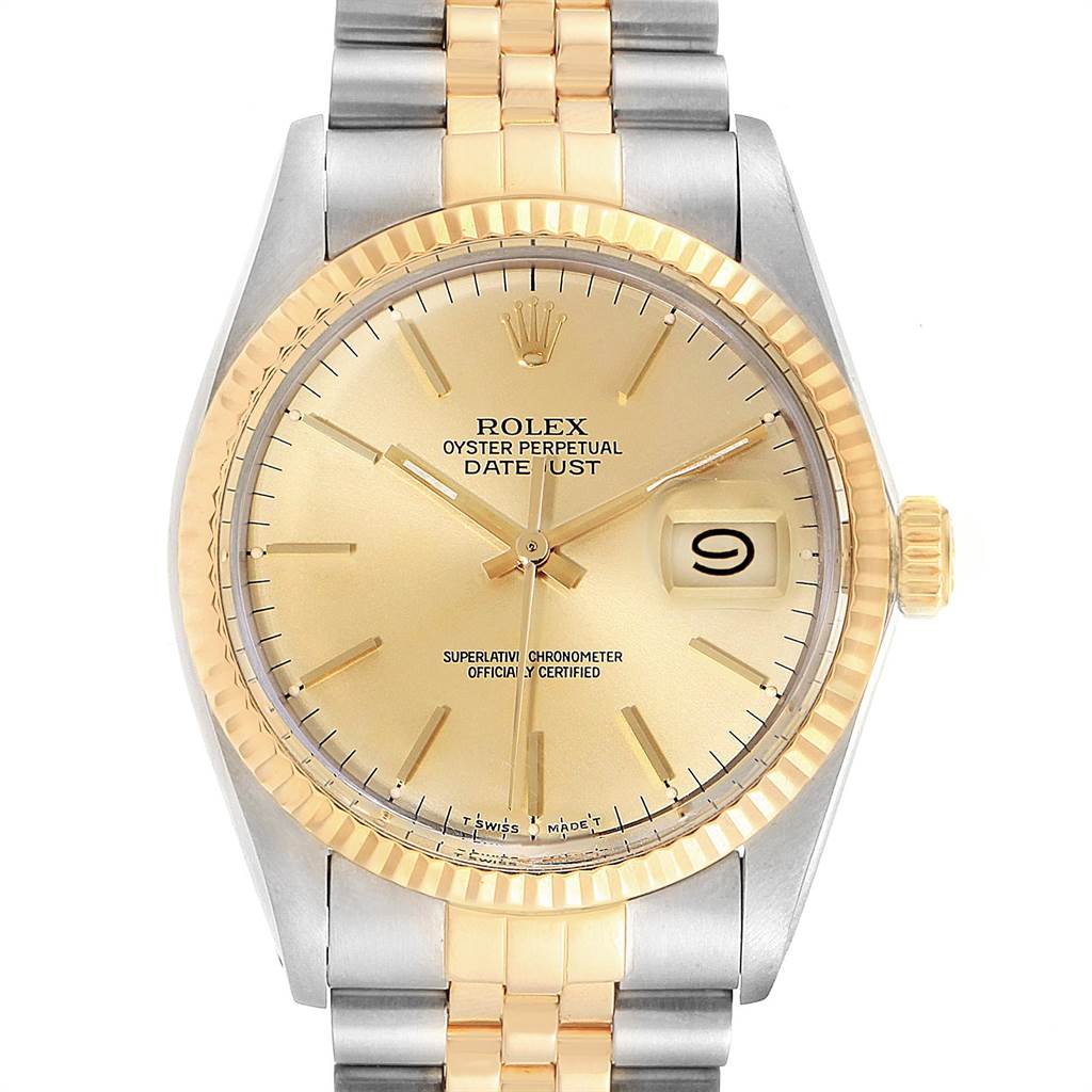This Rolex Vintage Collection 16013 Men's Stainless Steel Champagne Dial 16013 Men's Stainless Steel Champagne Dial model is shown from a top-down angle, highlighting its dial, bezel, case, and bracelet.