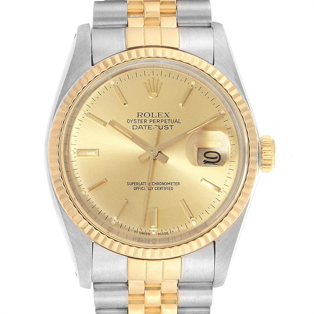 This image shows a front view of a Rolex Vintage Collection 16013 Men's Stainless Steel Champagne Dial 16013 Men's Stainless Steel Champagne Dial Oyster Perpetual Datejust watch, highlighting its dial, hands, bracelet, and crown.